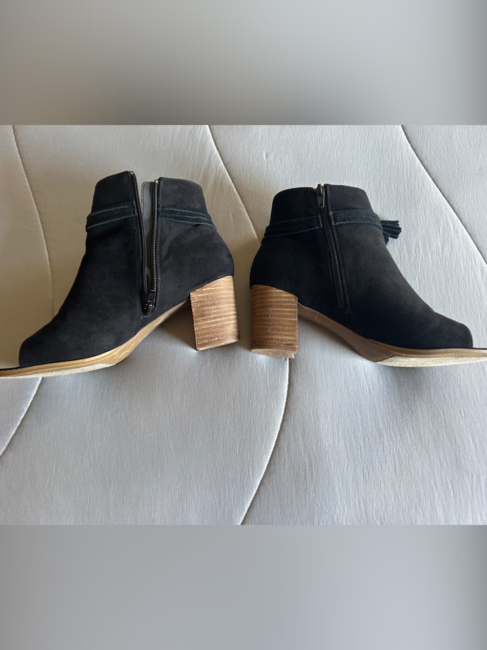 Black Suede Ankle Booties with Stacked Heel and Side Zip